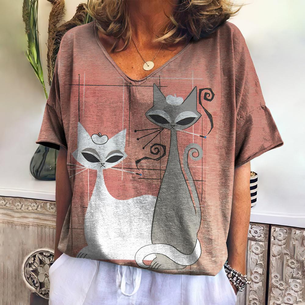Vintage damski t-shirt z kwiatowym nadrukiem, z krótkim rękawem, z dekoltem w serek, wygodne t-shirty