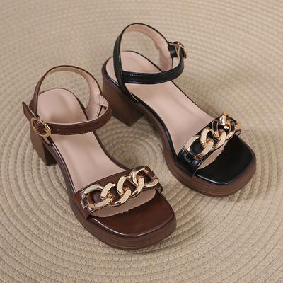 Niedrige Sandalen Frau Leder High Heels Schuhe 2024 Sommer Offene Zehen Schnallenriemen Anzug Weiblich Beige Niedrig Absatz Retro High Heel Neu