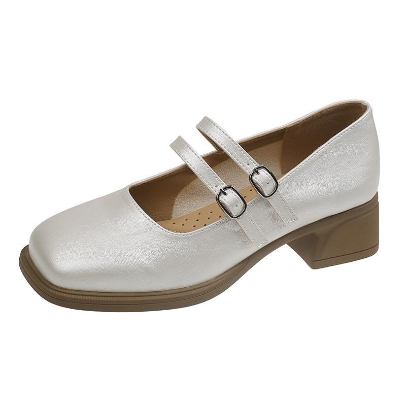 French silver single shoes women's summer 2025 new with skirt beautiful not tired feet square head thick heel Mary Jane small leather shoes