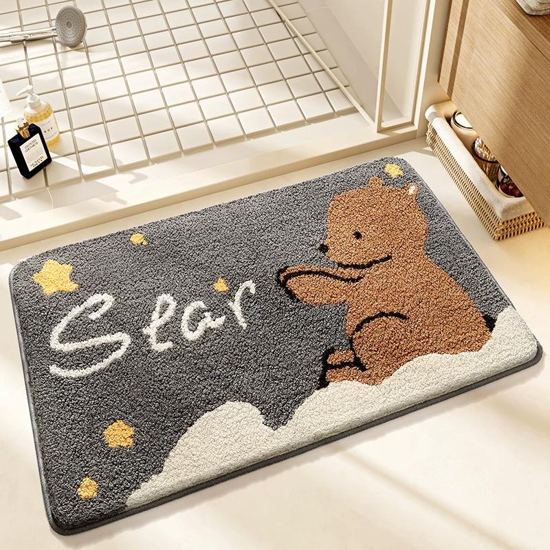 Cute Bear Bath Mat, High-Density Flocked Microfiber Rug with Super Absorption & TPR Non-Slip Backing, Quick-Dry Bathroom Decor