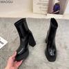 British Style Women's Heeled Ankle Boots Back Zipper Platform Anti-Slip Sole Korean Fashion Casual Short Booties Black Leather