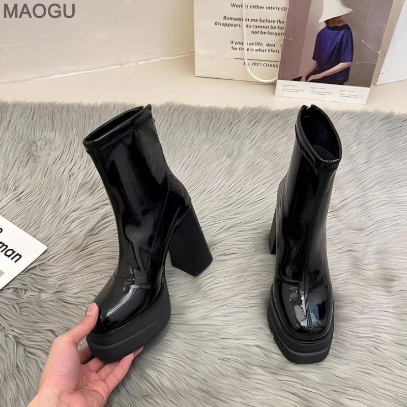British Style Women's Heeled Ankle Boots Back Zipper Platform Anti-Slip Sole Korean Fashion Casual Short Booties Black Leather