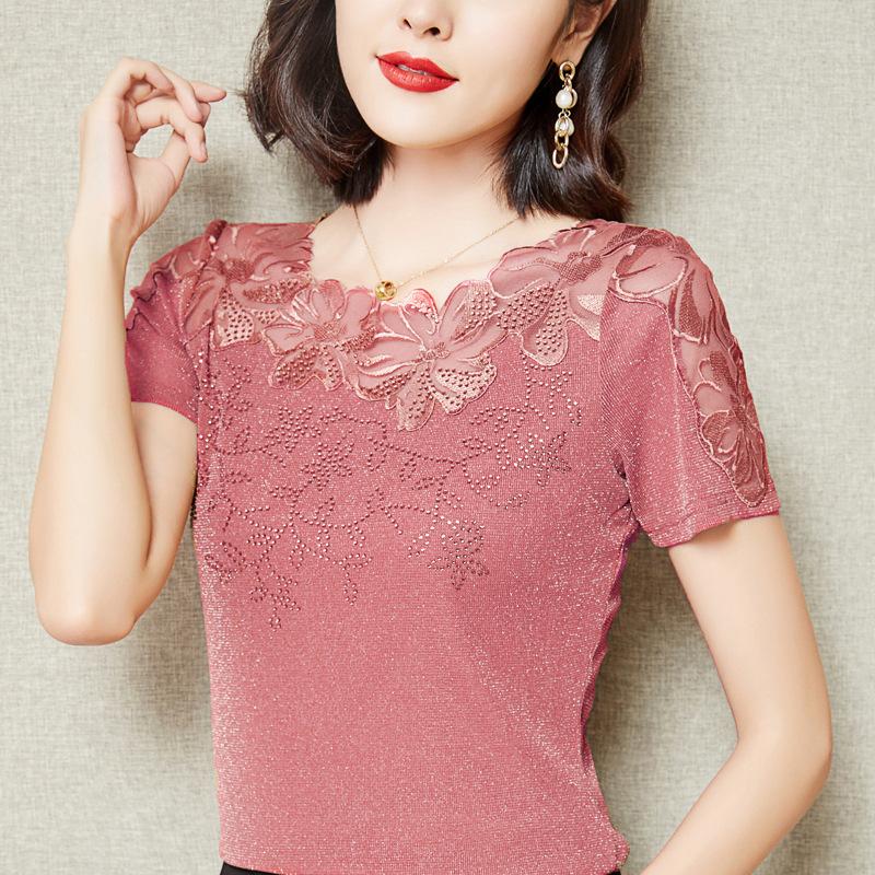 S-5XL Women T-Shirt Summer Lace Hollow Embroidery Mesh Tees Tops Casual Short Sleeve Hot Drilling Women's Shirt