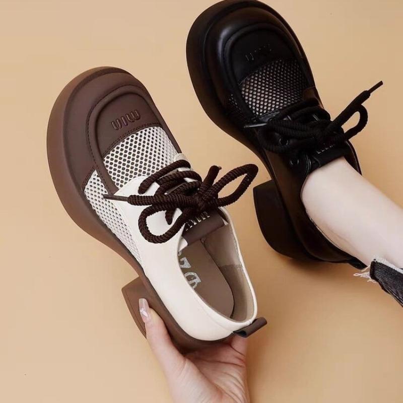 Damen Pumps mit dicker Sohle, Plateau-Schuhe, Frühling, Pu-Leder, High Heels, Loafer, Frau, runde Zehenpartie, Schnürung, atmungsaktiv, hohl, einzelne Schuhe