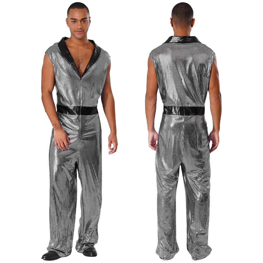 Retro 1920s Disco Outfit for Men M-3XL Metallic Shiny Plaid V Neck Lapel Sleeveless Wide Leg Jumpsuit for Club Rave Stage