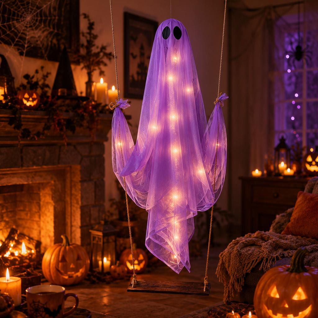 Large Ghost Swing Halloween Decoration Lightweight Hanging Outdoor Indoor Party Yard Festival Hanging Ornament with Soft Fabric and Rope