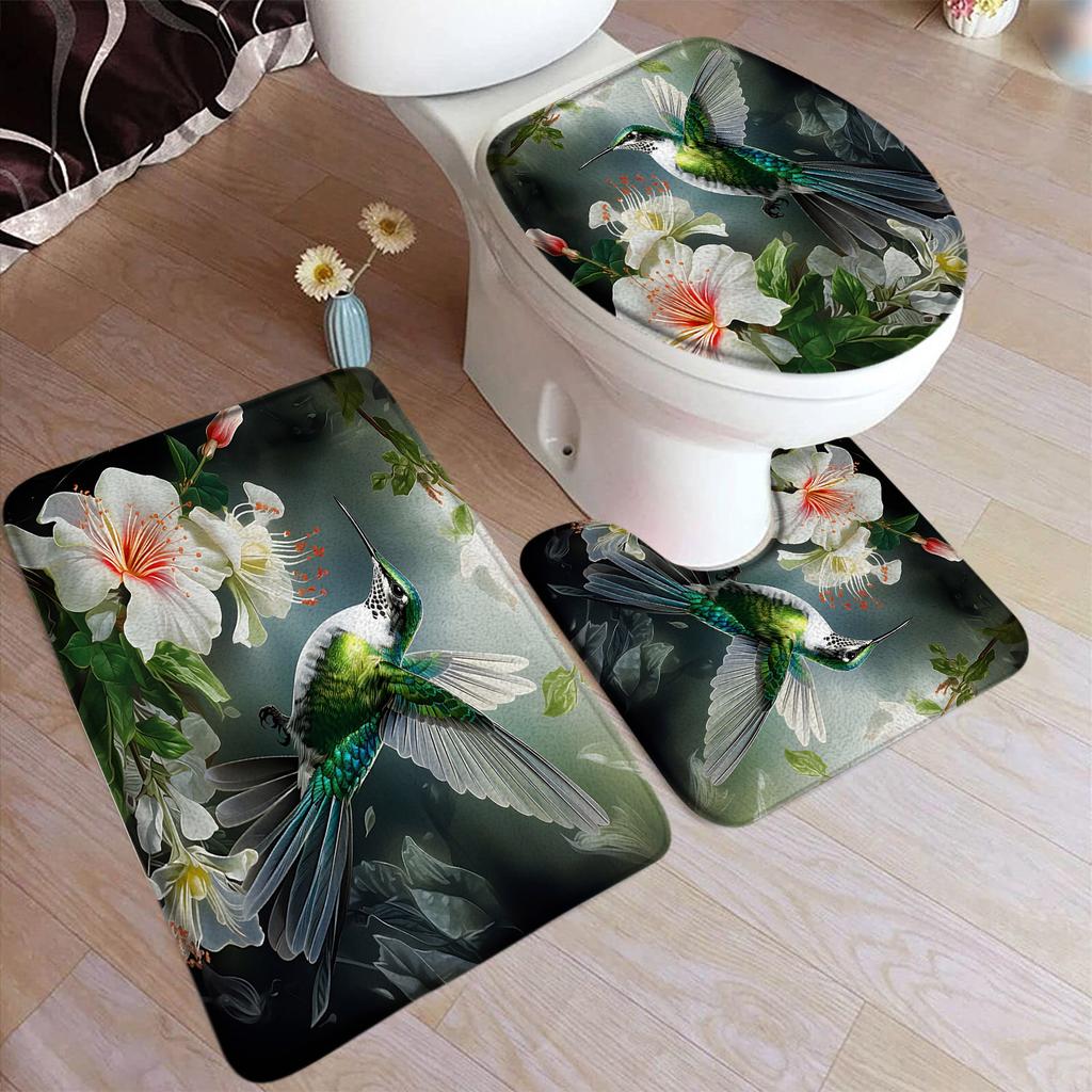 Hummingbird Bath Mat Set White Flowers Green Plants Birds Rustic Home Carpet Bathroom Decor Floor Rugs U-Mats Toilet Lid Cover