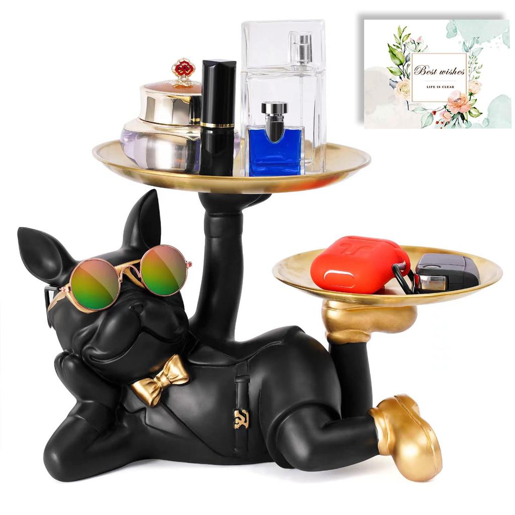 2 Plates Lying Dog with 2 Gold Storage Funny French Gift Card Dog Offering Glasses Funny Birthday Creative Dog Key and Other Small Item Tabletop