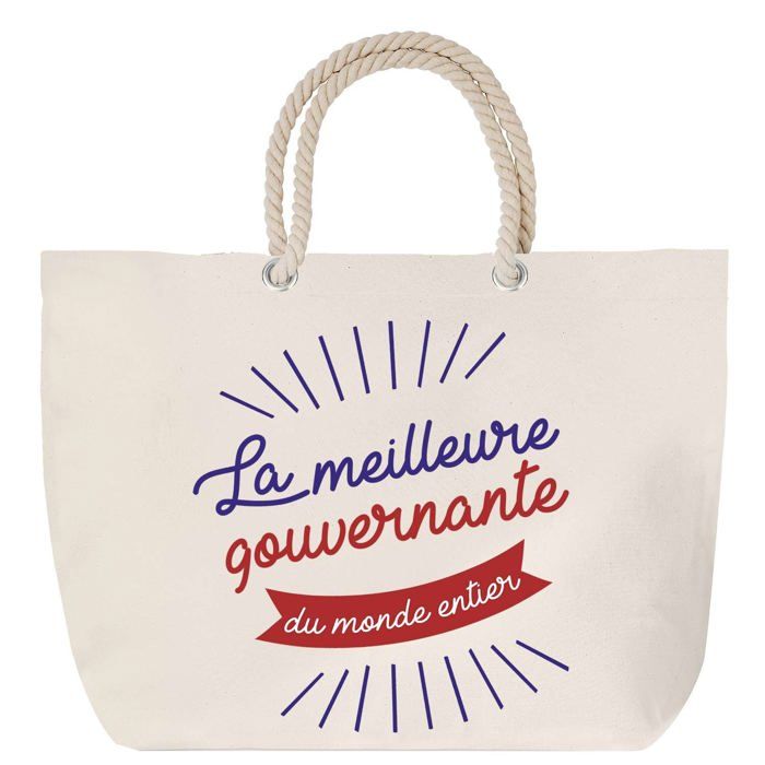 Sac de plage - PLANETEE - Gouvernante Meilleure du Monde Entier - Anse corde - Grand format - Coton multicolore