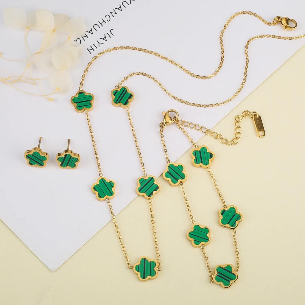 High-Quality Stainless Steel Five-Leaf Flower Set Bracelet Necklace Earrings Simple For Woman Party Birthday Zircon Gift Clover