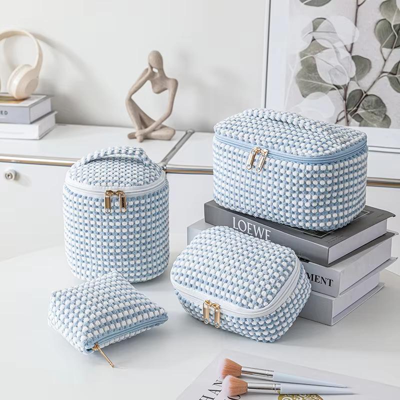 Women's Plush Make Up Bags Plaid Zipper Cosmetic Bag Case Portable Cosmetic Organizer Storage Pouch