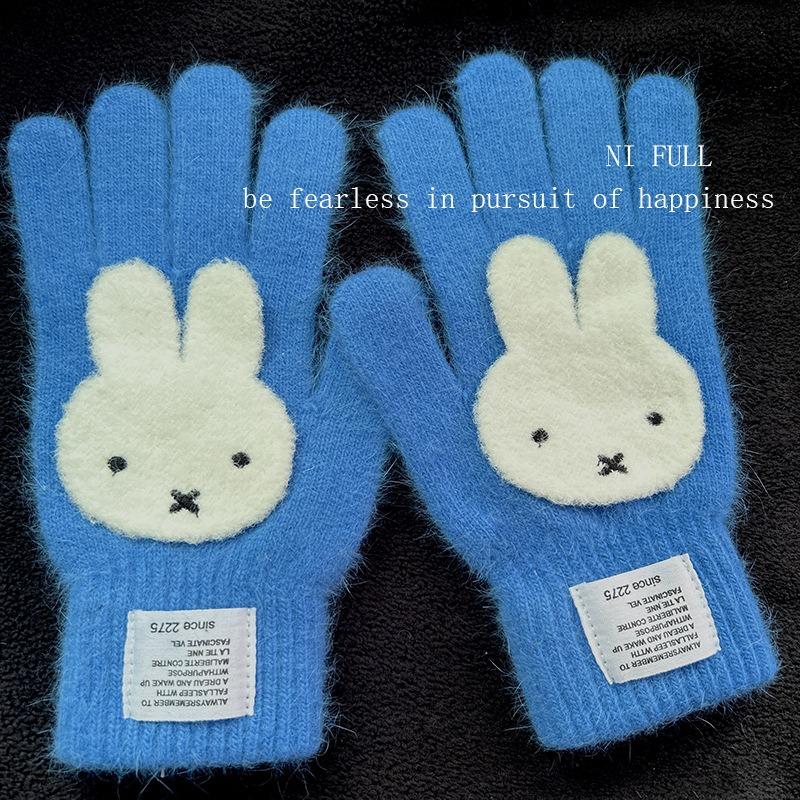 Miffy Rabbit sea salt blue bone girly gloves, cute plush and faux mink, warm split-finger gloves for women