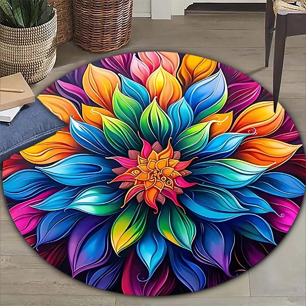 

Rainbow Mandala Flower Round Rug Flannel Printed Carpet Boho Design Home Decor Cozy Soft Floor Mat Living Room Indoor Use 60CM(23.6inch)