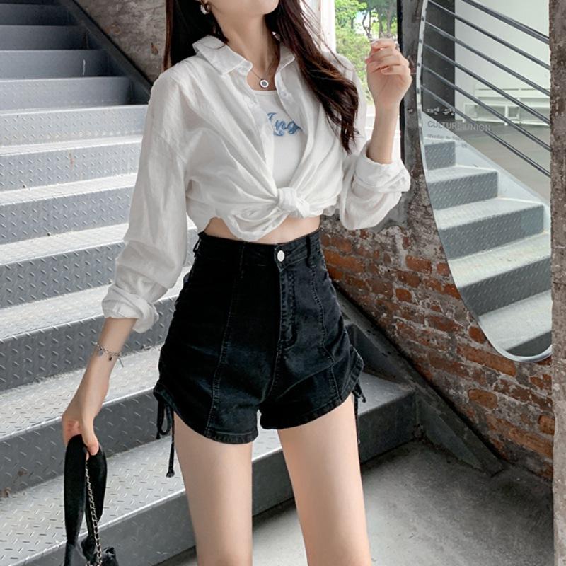 Modaya Uygun Çok Yönlü İpli Yüksek Belli Streç Denim Şort Kadın Pilili Pantolon Yaz Tasarımı Yüzde Yüz Uyumlu İnce Geniş Paça Pantolon