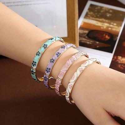 Vintage Colorful Enamel Floral Bangle Chinese Style Handmade Open Cuff Bracelet Gold Plated Gift Flower Bangle Women