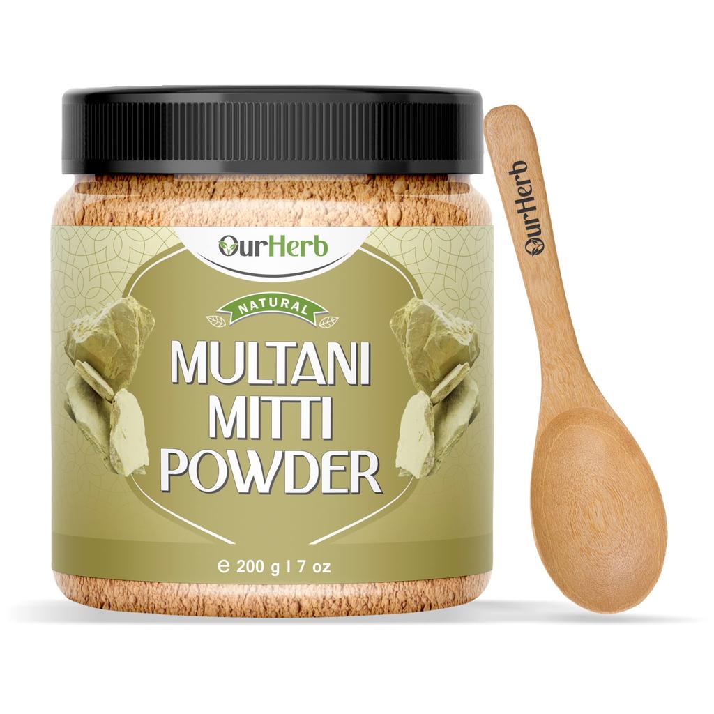 La nostra Argilla Multani alle Erbe (Terra di Fuller) Polvere per Pelle e Capelli con Cucchiaio di Legno - 200g | 7 Oz