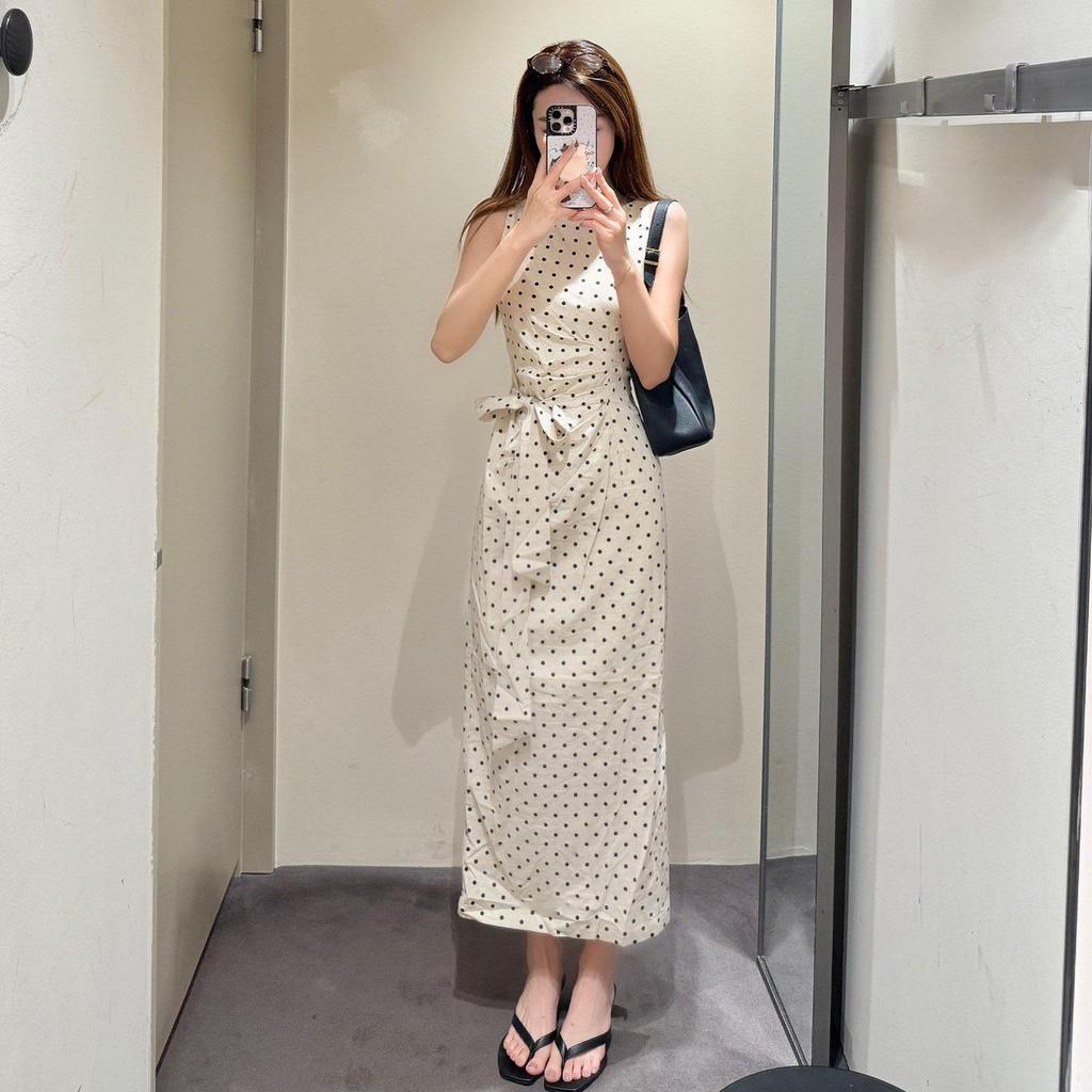 Women's French Polka Dot Slim Fit Sleeveless Midi Dress