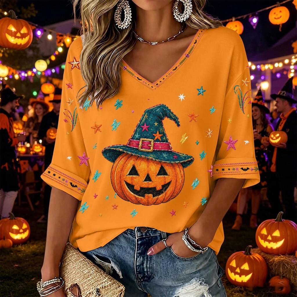 Women's V-Neck Three-Quarter Sleeve Halloween Print Blouse for Party and Costume Wear