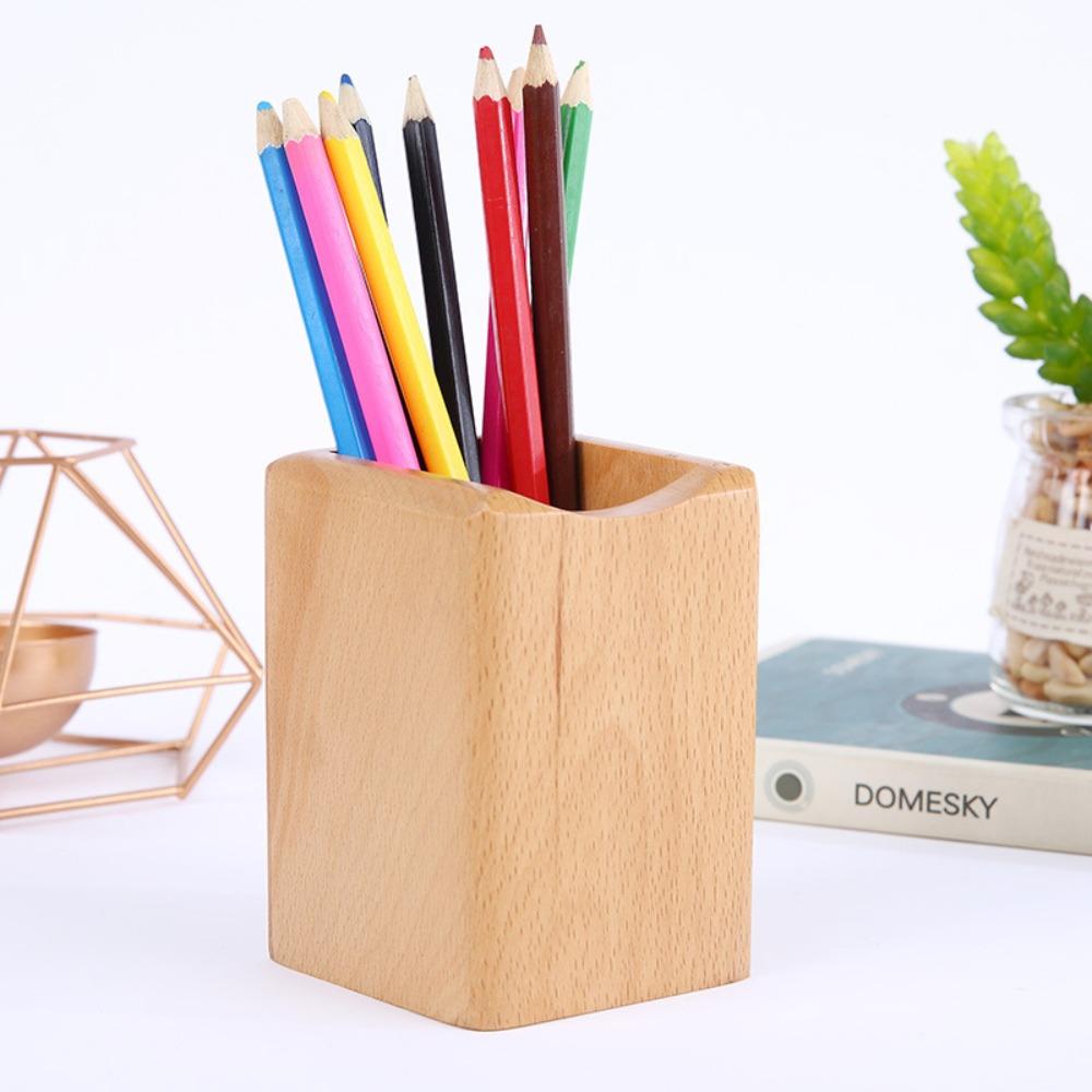 Large Capacity Wood Storage Box Multiple-use Pen Holder Cup Stationery Desk Organizer School