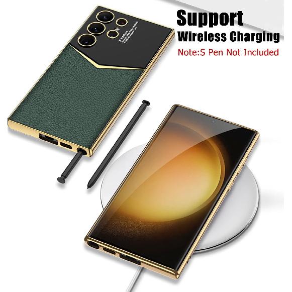 Leather Case for Samsung Galaxy S24 Ultra with Electroplated Frame, Vintage Luxury PU Non-Slip Grip Shockproof Full Body Protective Cover Phone Cases