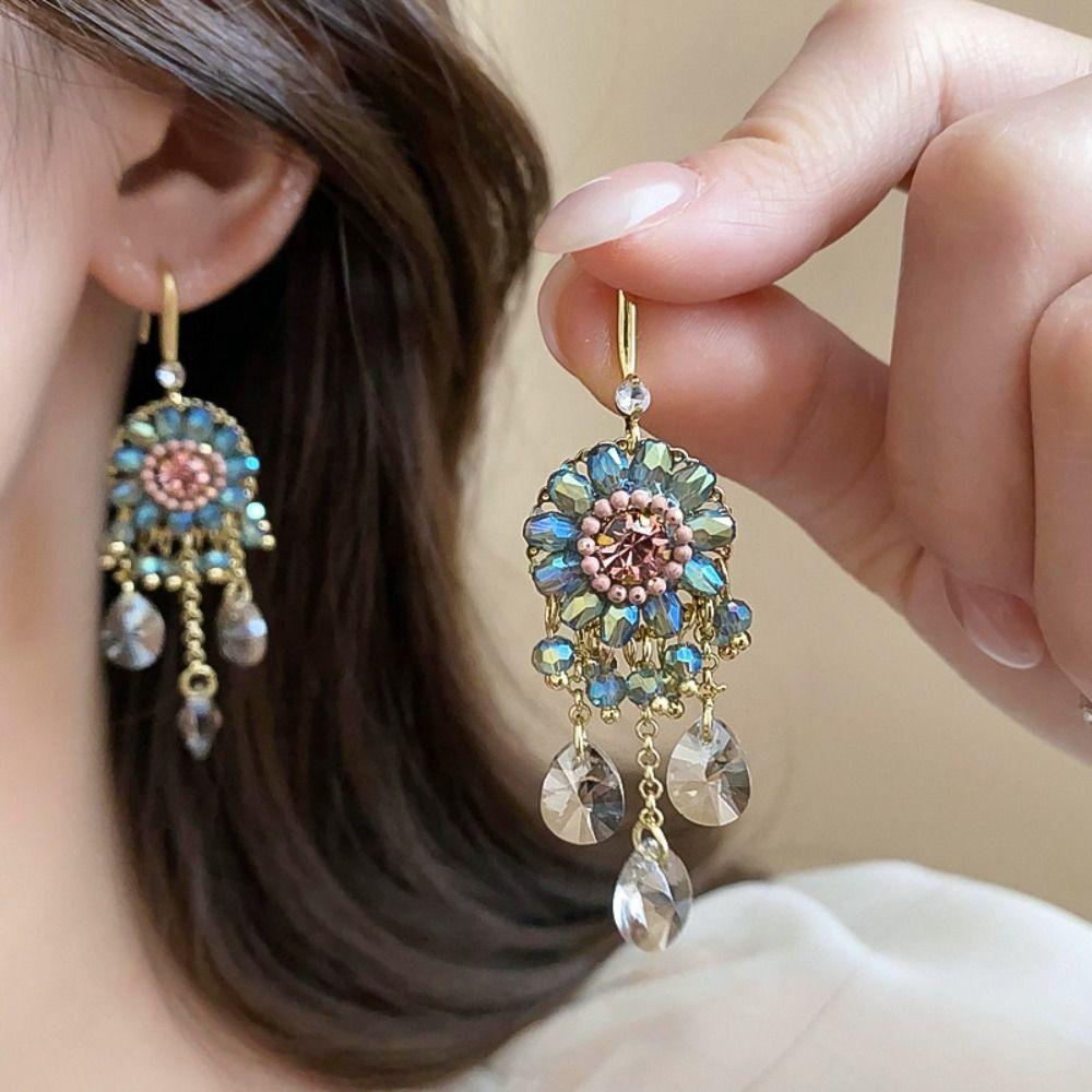 Flower Rhinestone Drop Earrings Pendant Vintage Long Earrings Trendy Crystal Stud Earrings  Party