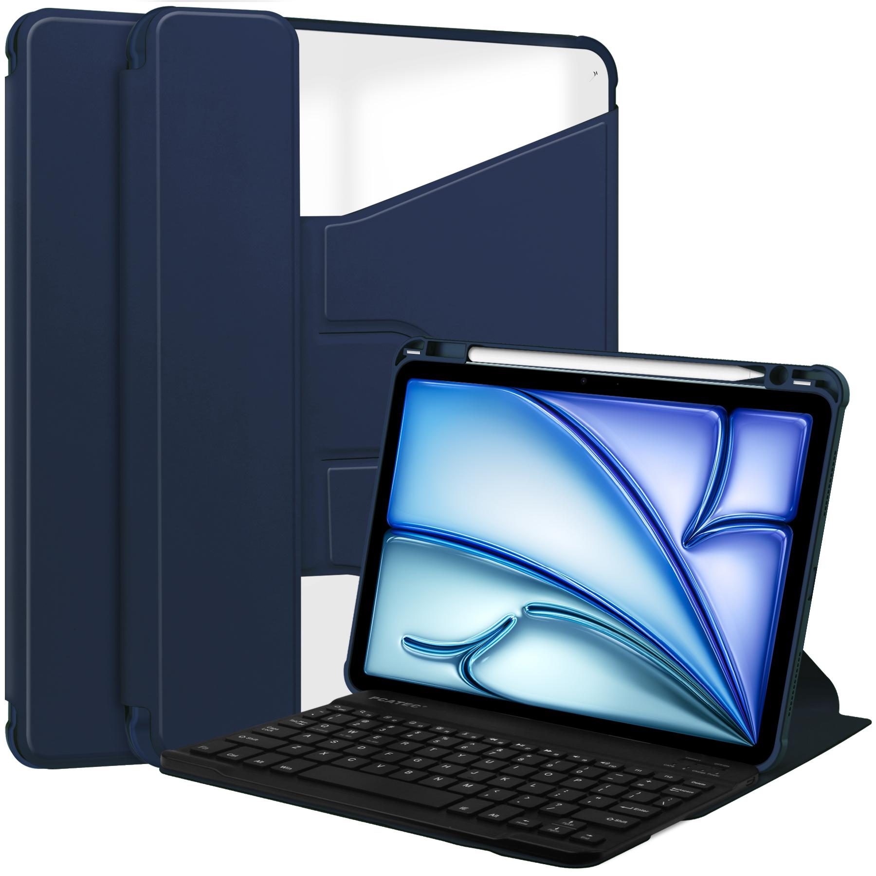 

For iPad Air 11 (2025)/(2024) Case 360-Degree Rotary Stand PU Leather+Acrylic Tablet Cover with Keyboard Dark Blue