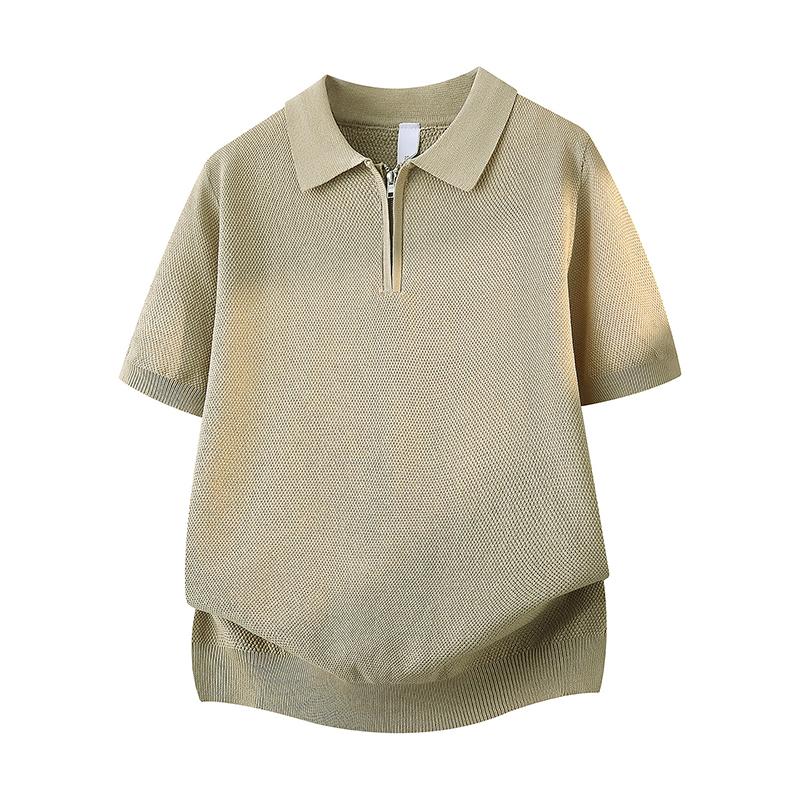 

Solid Color Half Zipper Lapel Ice Silk Knitted Sweater POLO Shirt Men s Breathable Thin Short Sleeved T-shirt L абрикосовый