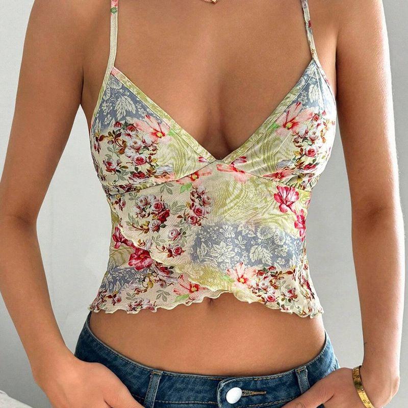 Fashion Style 2025 Spring/Summer New Arrival Women's Clothing Fashion Sexy Print Halter Backless Ruffles Split Sling Tops