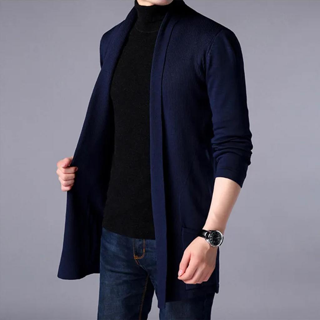 Men's Long Knitted Solid Color Cardigan Men's Fashion Casual Pocket Sweater Top Coat