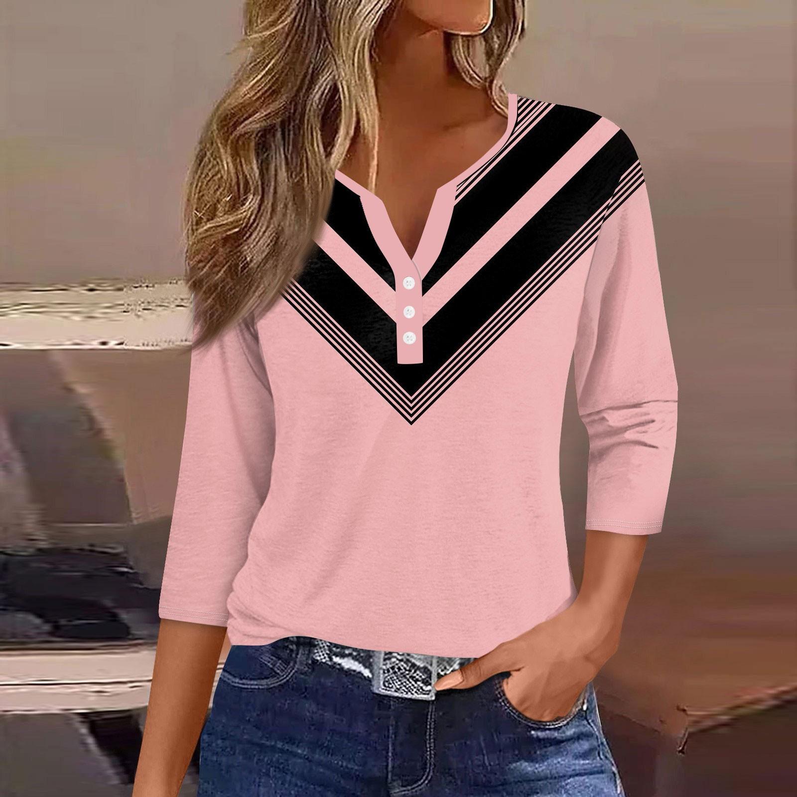 

Жен. Футболка Футболка С принтом Пуговицы Рукав 3/4 Повседневные Выходные Мода Классический Классический V-образный вырез Обычный Верх S розовый