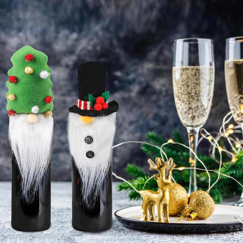 Christmas Wine Bottle Decoration Set, 3D Wine Bottle Decorative Hat, Decorative Santa Hat with Plush Whiskers, Perfect Table Decoration
