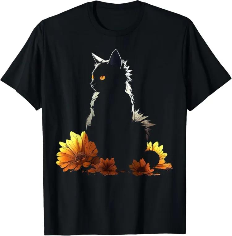 Cat Flowers Artwork Cat Motif Animal TShirt Unisexs Unisexs Tees Top