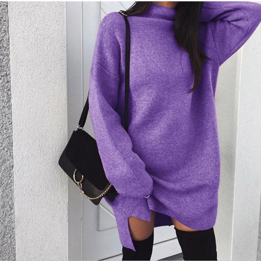 New European and American Leisure Oversized Knit High Collar Pleated Dress for Women