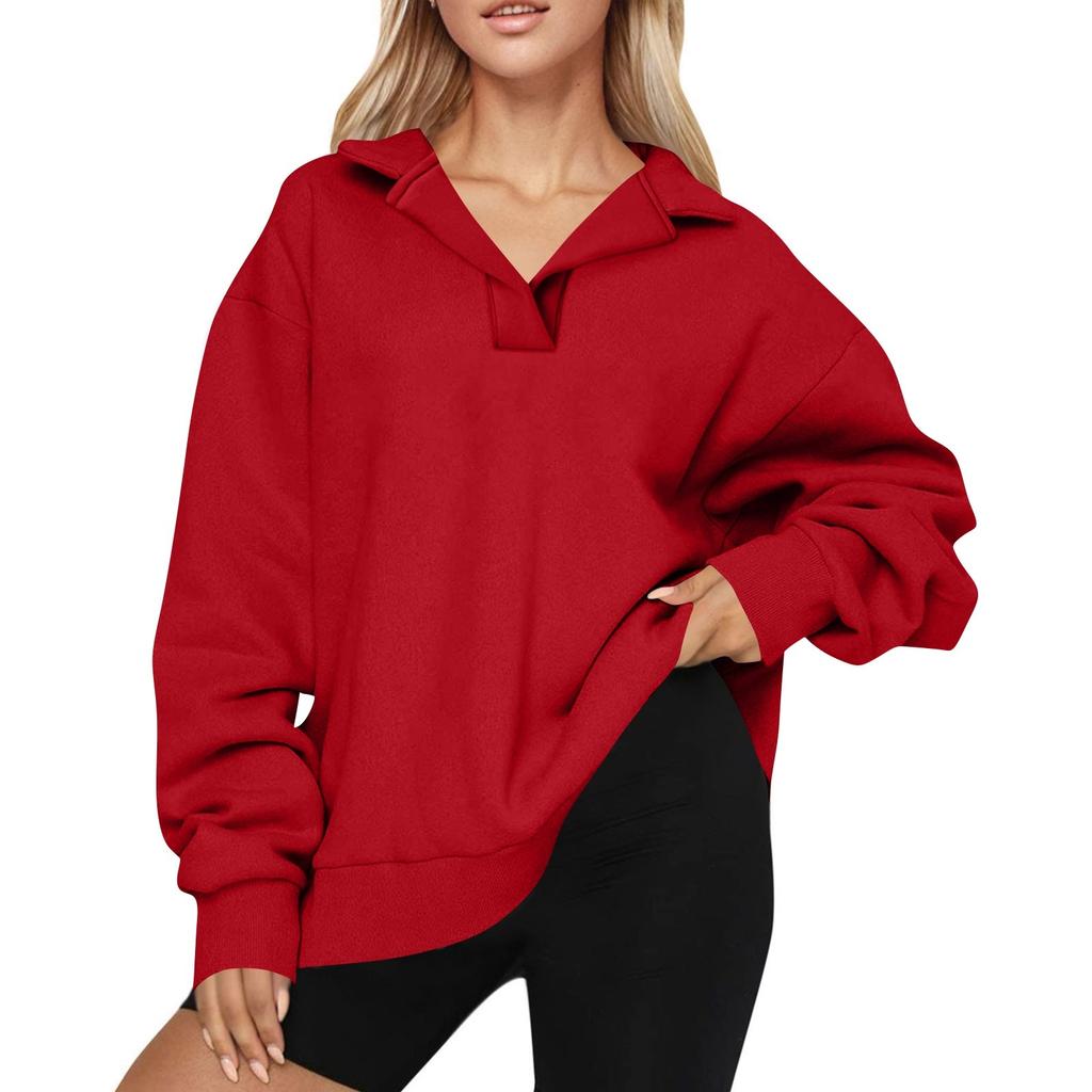 Women's Fashion Long Sleeve Solid Color V-Neck Loose Sweatshirt Top