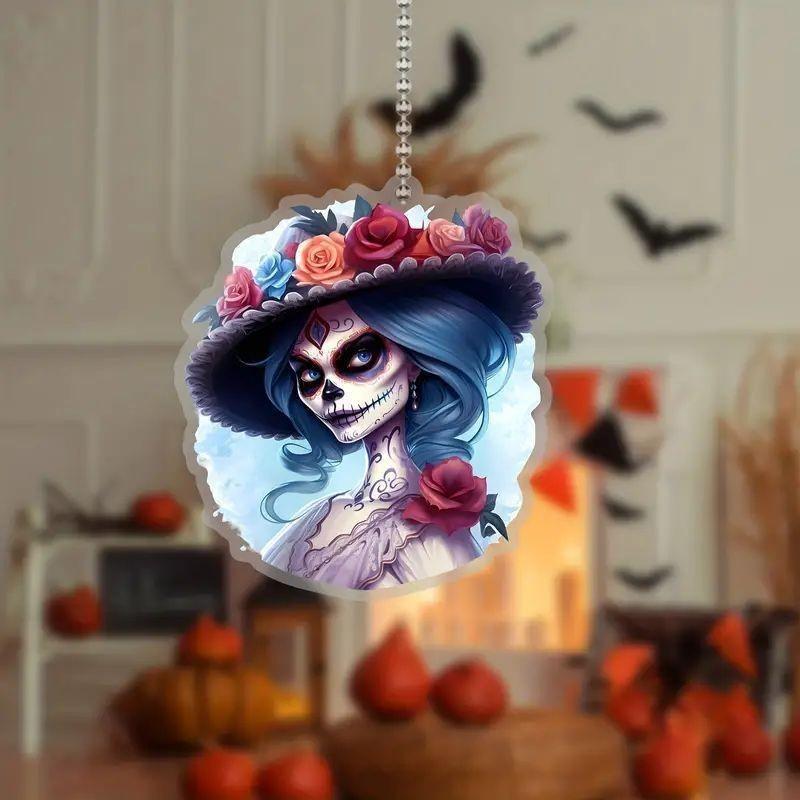 Decor Car Acrylic Halloween Skull Flower Hat Design Pendant For Interior Auto
