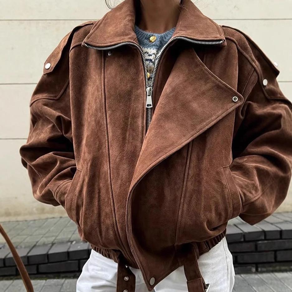 Asymmetrische Bikerjacke für Damen mit Reißverschluss in braunem Wildleder-Look
