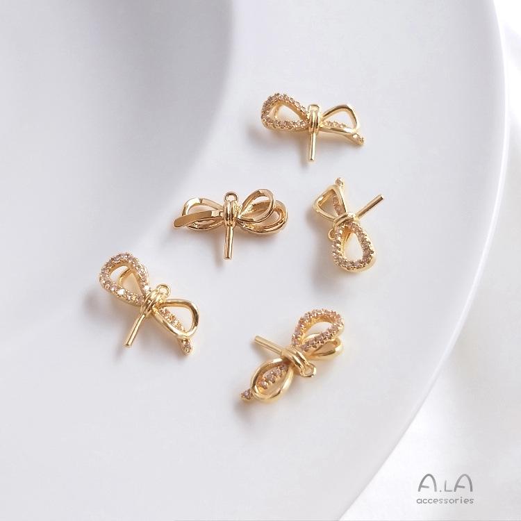 14K Gold-Filled Zircon Bow & Crystal Pearl Double Pendant Clavicle Chain Earrings