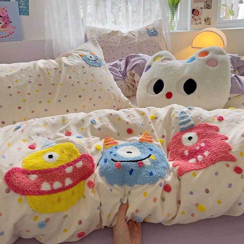 Håndkle Brodert Laken Dynetrekk Seng 4 stk Sett Vasket Bomull Student Tredelt Sett Sengetøy