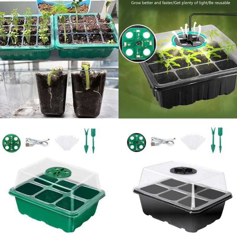 Plastic Seedling Starter Kits with LED Grow Light Plant Nursery Tray with Drainage Holes Vegetable Germination Box