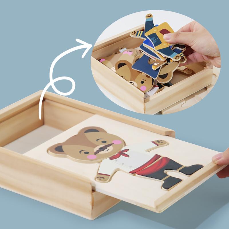 Dřevěná hračka Montessori Kreslené zvířátko Převlékání Skládačka Medvěd Převlékání Tvarové párování Puzzle Dětské vzdělávací hračky