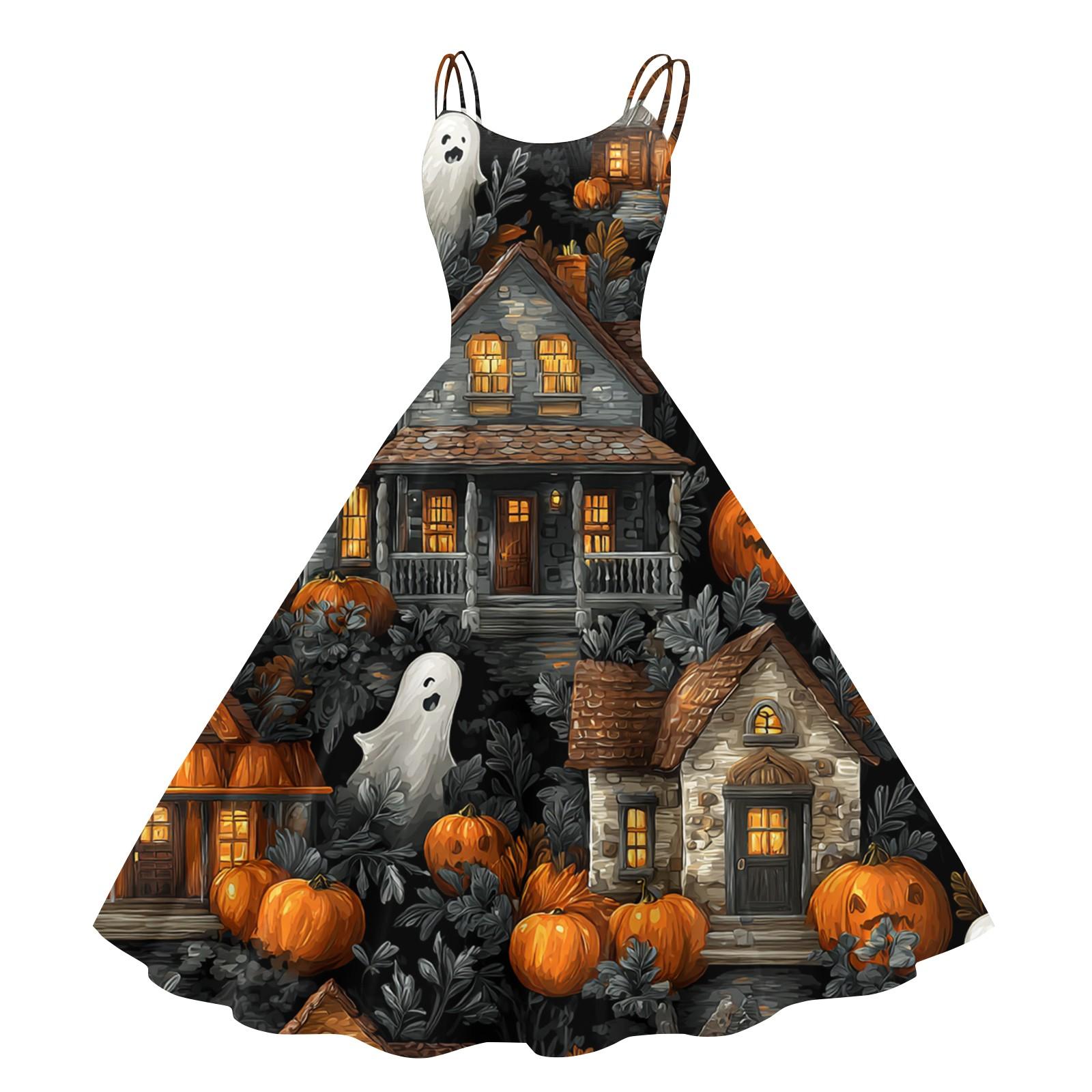 

Женское винтажное модное платье с принтом на Хэллоуин, без рукавов, с открытыми плечами S