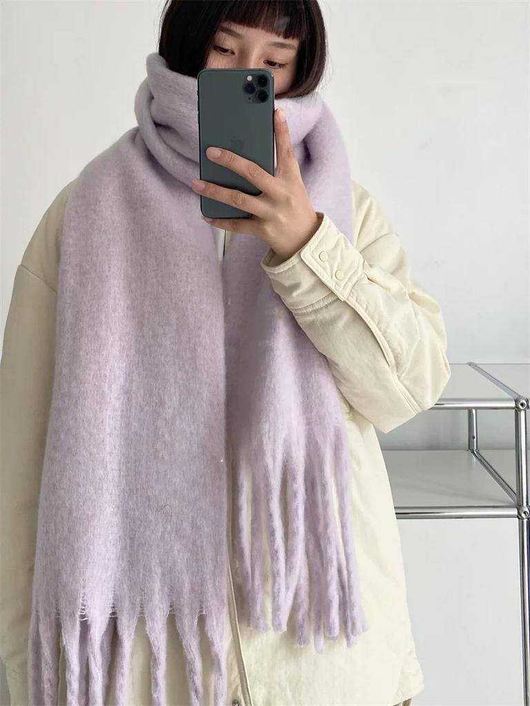 New Solid Color Haze Blue Scarf Women's Winter Fluffy Hair Thickened Student White Warm Scarf
