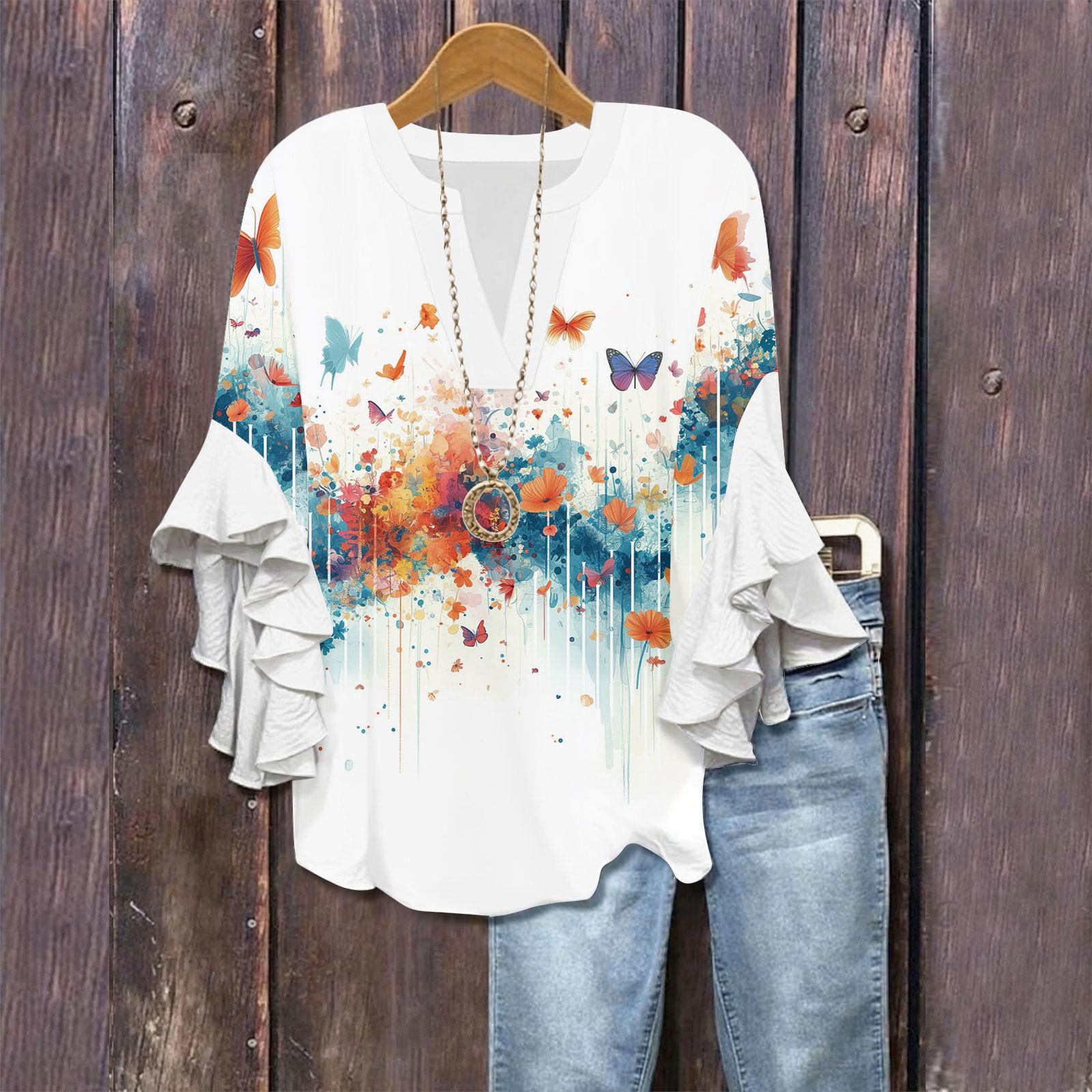 

Рубашки с рукавами 3/4 для женщин, симпатичные футболки с графическим принтом, блузки, повседневные, больших размеров, базовые топы с оборками на рукавах, пуловеры XL белый