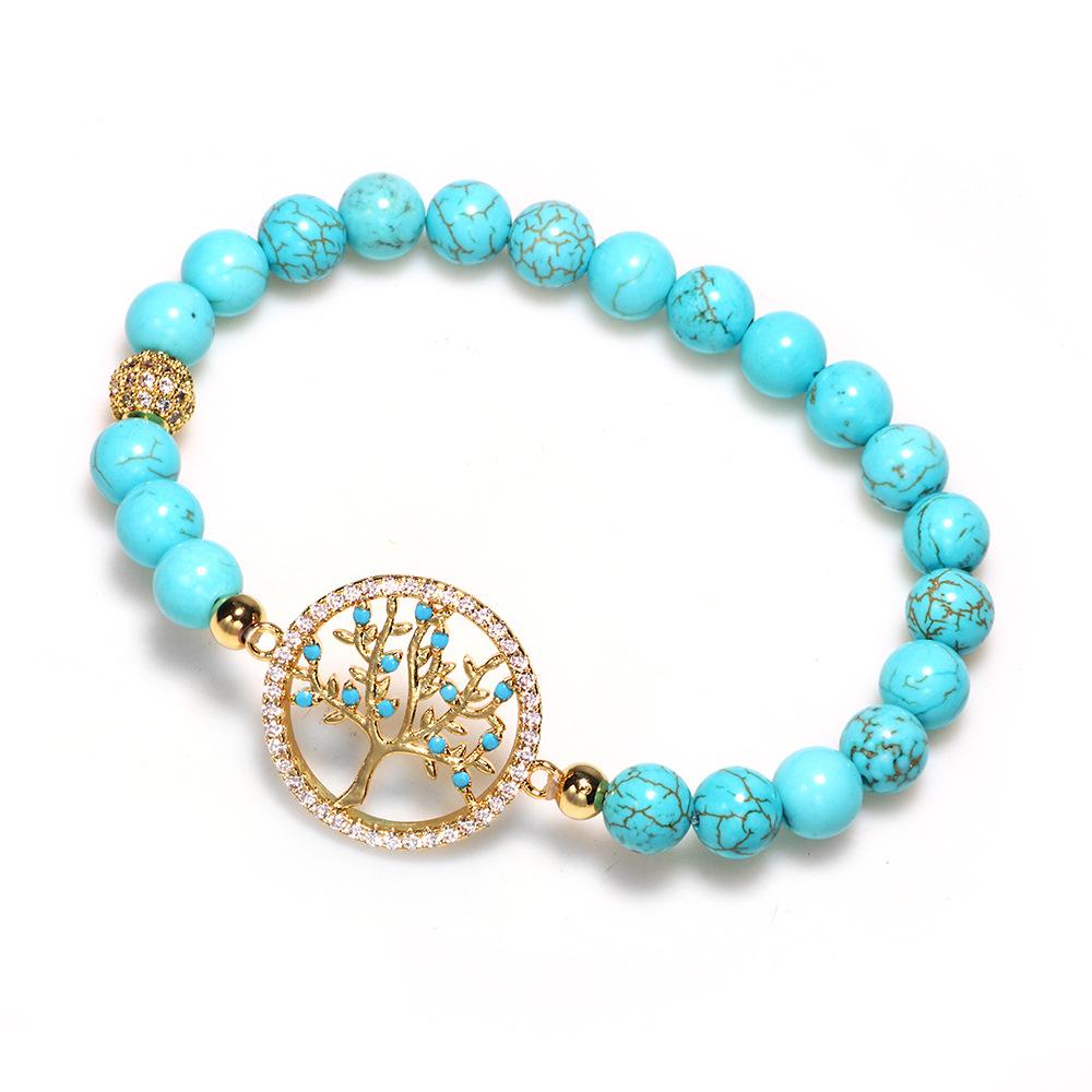 Turquoise Gemstone Bracelet Tree of Life Beaded Zircon Jewelry Men Women Natural Stone Wristband Stylish Accessory