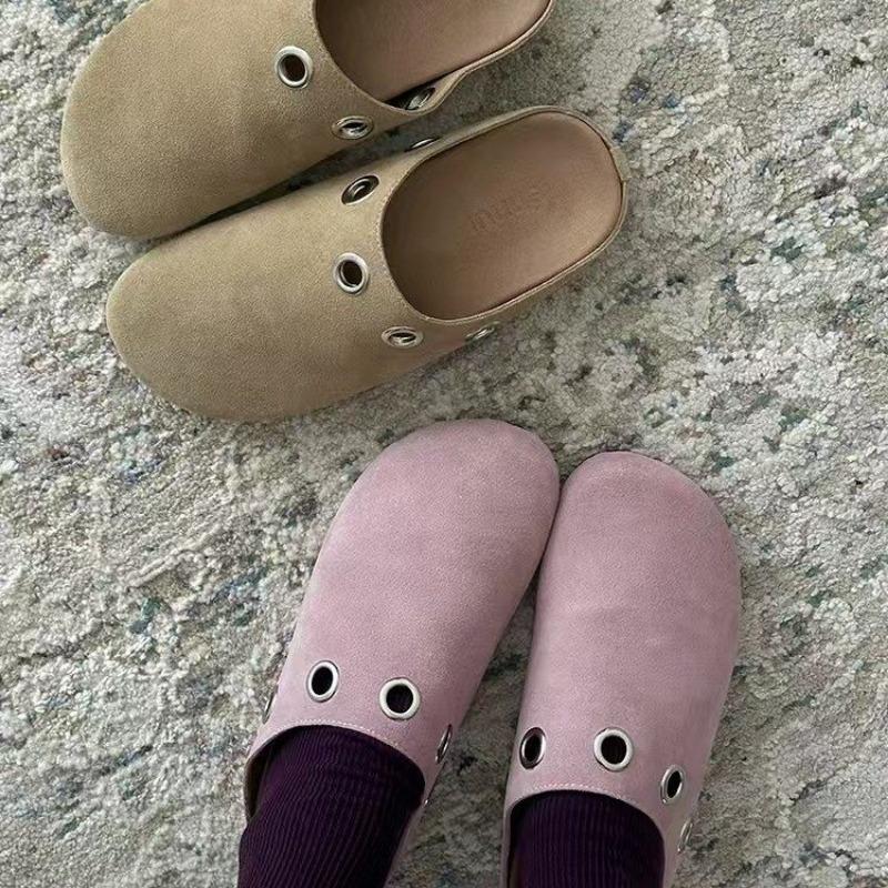 Fashion Spring New Baotou Slippers Women's Fashion Round Head Deep Mouth Suede Rivet Soft Sole Anti-slip Wear-resistant Flat Shoes