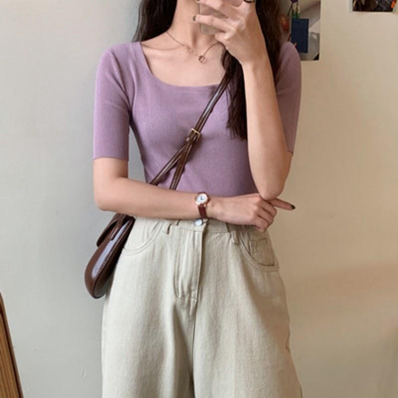 

Женский летний однотонный пуловер с короткими рукавами и квадратным вырезом, вязаный свитер OneSize фиолетовый