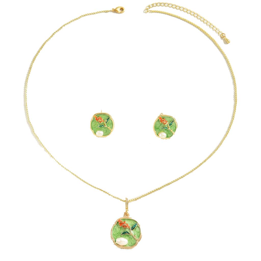Conjunto Idílico de Colar e Brincos de Flores Feminino Personalidade Gotejamento de Óleo Design de Pérola Versátil Corrente para Clavícula