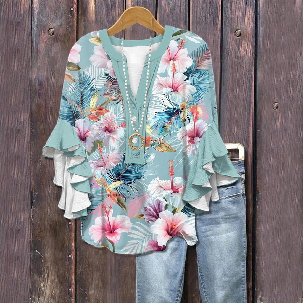 Summer Tops For Women Cute V Neck 3/4 Sleeve Blouses Floral Print Top Casual Shirts