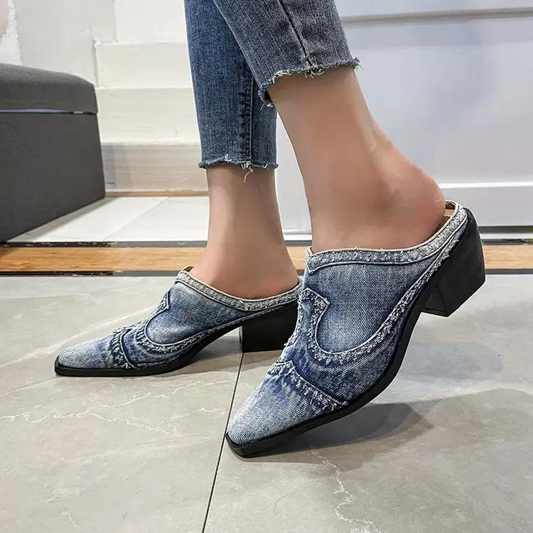 Fashion British Style Women Pointed Toe Sandals Luxury Outdoor Half Slippers Slip On Mules Femme Shoes Ladies Denim Chunky Heeled Slides