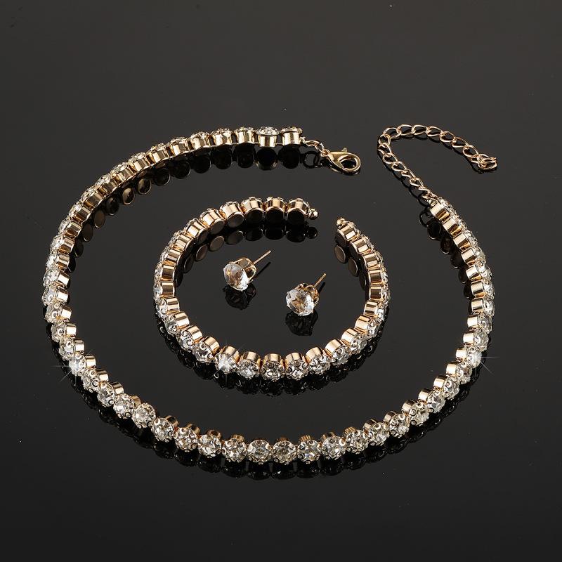 Bridal Diamond Collar Set Jewelry Full Diamond Crystal Necklace Earrings Bracelet Three-piece Set